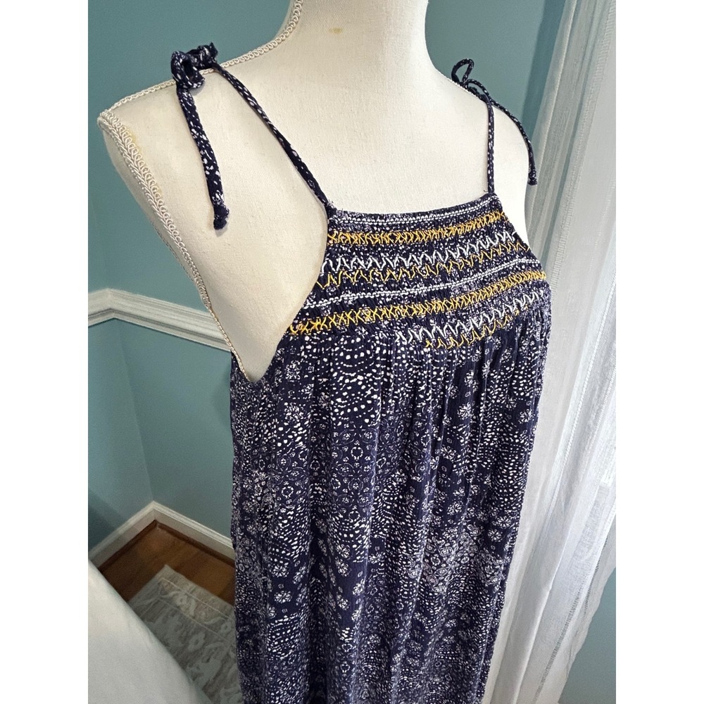 Knox‎ Rose Navy Blue White Boho Embroidered Tie Shoulder Maxi Dress Small